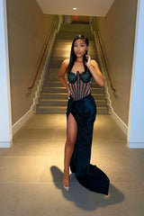 Black Evening Dress Sleeveless Strapless Mermaid Long Slit Pleated