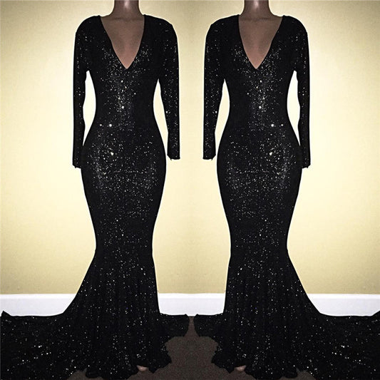 Black Long Sleeves V-Neck Mermaid Prom Dress with Sequins