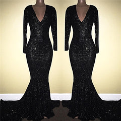 Black Long Sleeves V-Neck Mermaid Prom Dress with Sequins