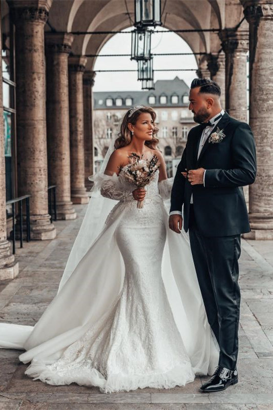 Sweetheart Mermaid Wedding Dress with Long Bubble Sleeves and Lace