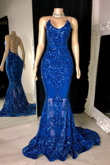 Classy Spaghetti-Straps V-Neck Sleeveless Prom Dress Mermaid Sequins Long
