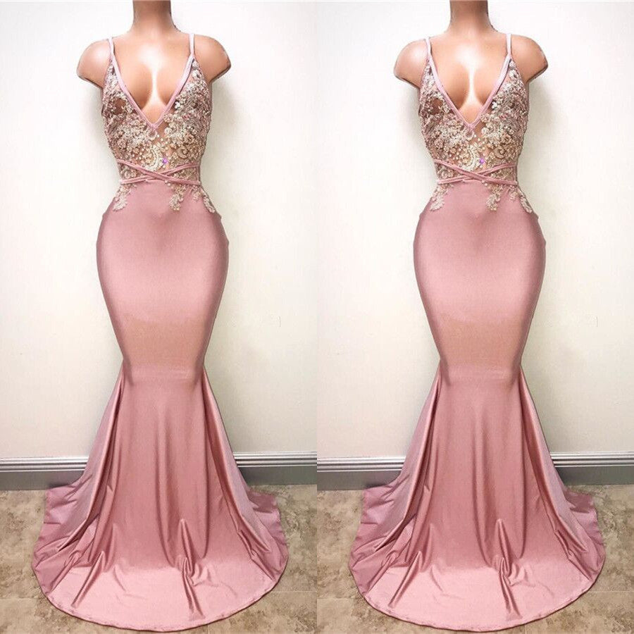Gorgeous Pink Spaghetti-Straps V-Neck Prom Dress Mermaid With Appliques