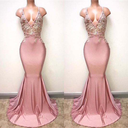 Gorgeous Pink Spaghetti-Straps V-Neck Prom Dress Mermaid With Appliques