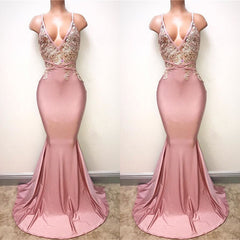 Gorgeous Pink Spaghetti-Straps V-Neck Prom Dress Mermaid With Appliques
