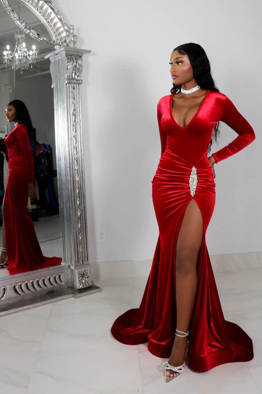 Red Prom Dress Long Sleeve Simple With High Slit Pleated