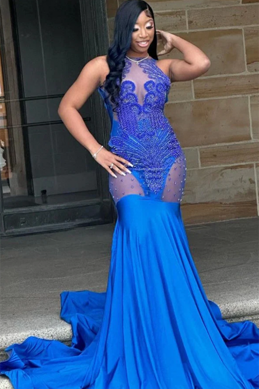 Stunning Royal Blue Sleeveless Prom Dress Mermaid With Beadings Scoop
