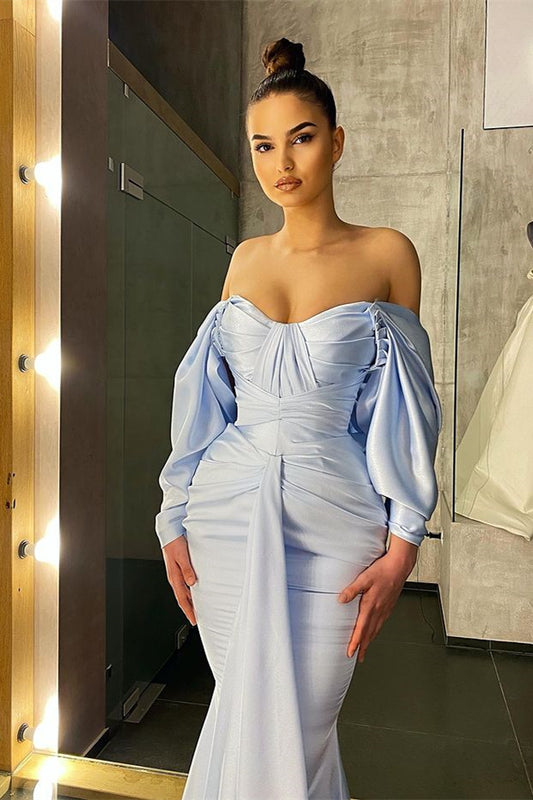 Long Sleeves Sky Blue Mermaid Prom Dress Off-the-Shoulder