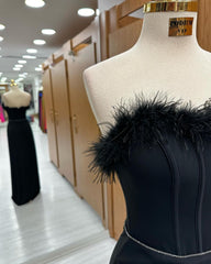 Mermaid Prom Dress Long Black Feather Sleeveless Strapless