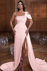 Glamorous One Shoulder Mermaid Sequins Evening Dress with Slit Ruffles