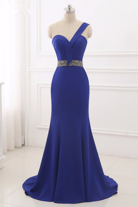 Royal Blue One Shoulder Sleeveless Mermaid Prom Dress with Beads Rhinestones