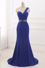 Royal Blue One Shoulder Sleeveless Mermaid Prom Dress with Beads Rhinestones