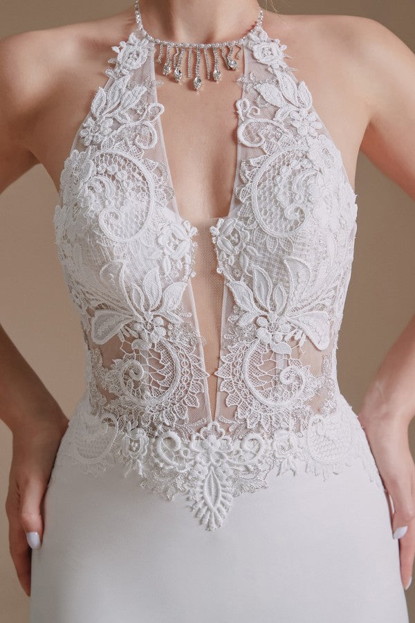 Long Satin Wedding Dress with Elegant Mermaid Halter and Backless Lace Appliques