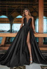 Emerald Green V-Neck Prom Dress Long with Split