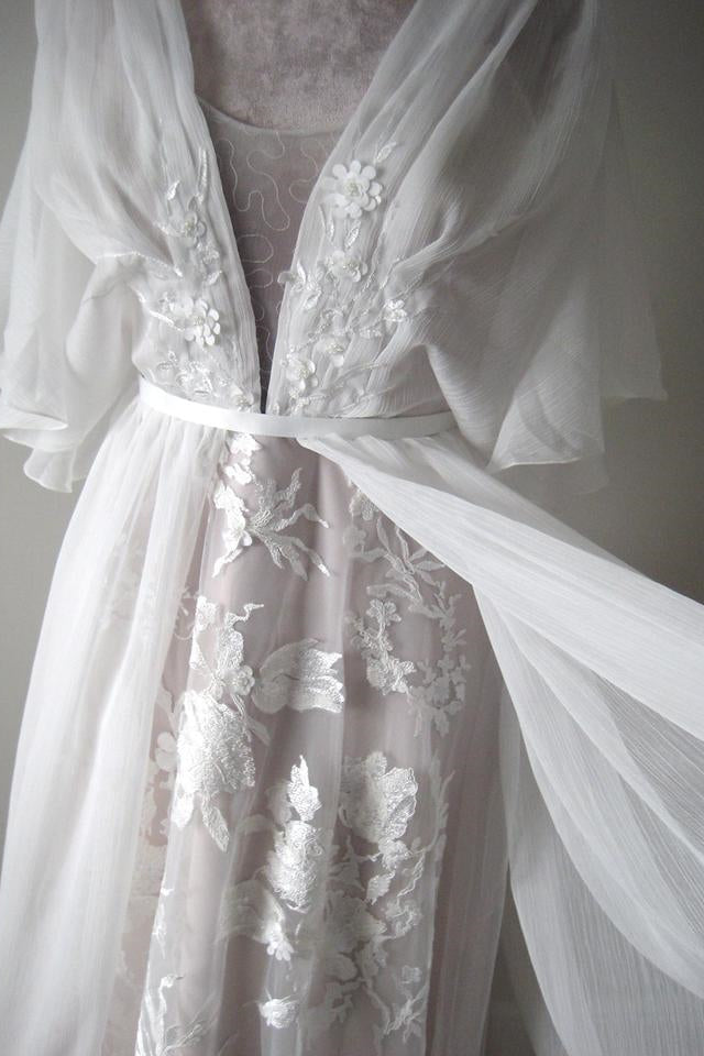Boho V-Neck Chiffon Lace Wedding Dress Featuring an A-Line Cut and Belt