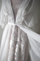 Boho V-Neck Chiffon Lace Wedding Dress Featuring an A-Line Cut and Belt