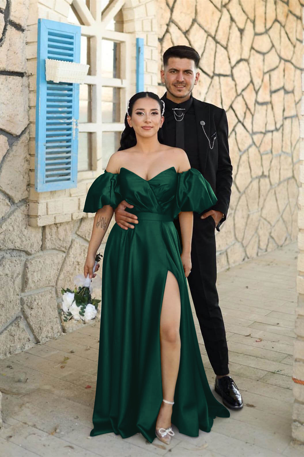 Dusty Blue Sweetheart Off-the-Shoulder Puff Sleeves Evening Dress with Front Split