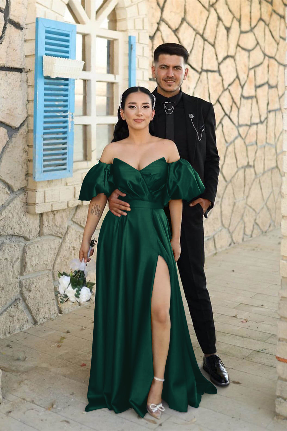 Dusty Blue Sweetheart Off-the-Shoulder Puff Sleeves Evening Dress with Front Split