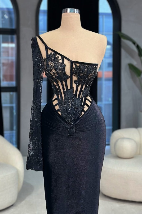 Black One shoulder Velvet Beads Prom Dress Mermaid Long Sleeves with Lace Appliques