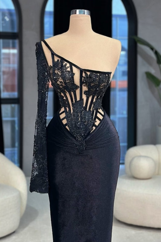 Black One shoulder Velvet Beads Prom Dress Mermaid Long Sleeves with Lace Appliques
