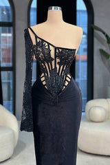 Black One shoulder Velvet Beads Prom Dress Mermaid Long Sleeves with Lace Appliques
