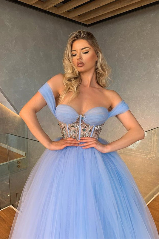Fabulous Off-the-Shoulder Tulle Prom Dress Sweetheart With Crystal