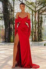 Red Prom Dress Half Sleeves Off-The-Shoulder With Slit Pleated Gloves