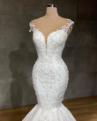Elegant V-neck Lace Mermaid Bridal Gown Without Sleeves Featuring Appliques