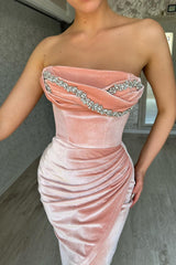 Pink Velvet Prom Dress Beaded Dress With Slit Sleeveless Strapless