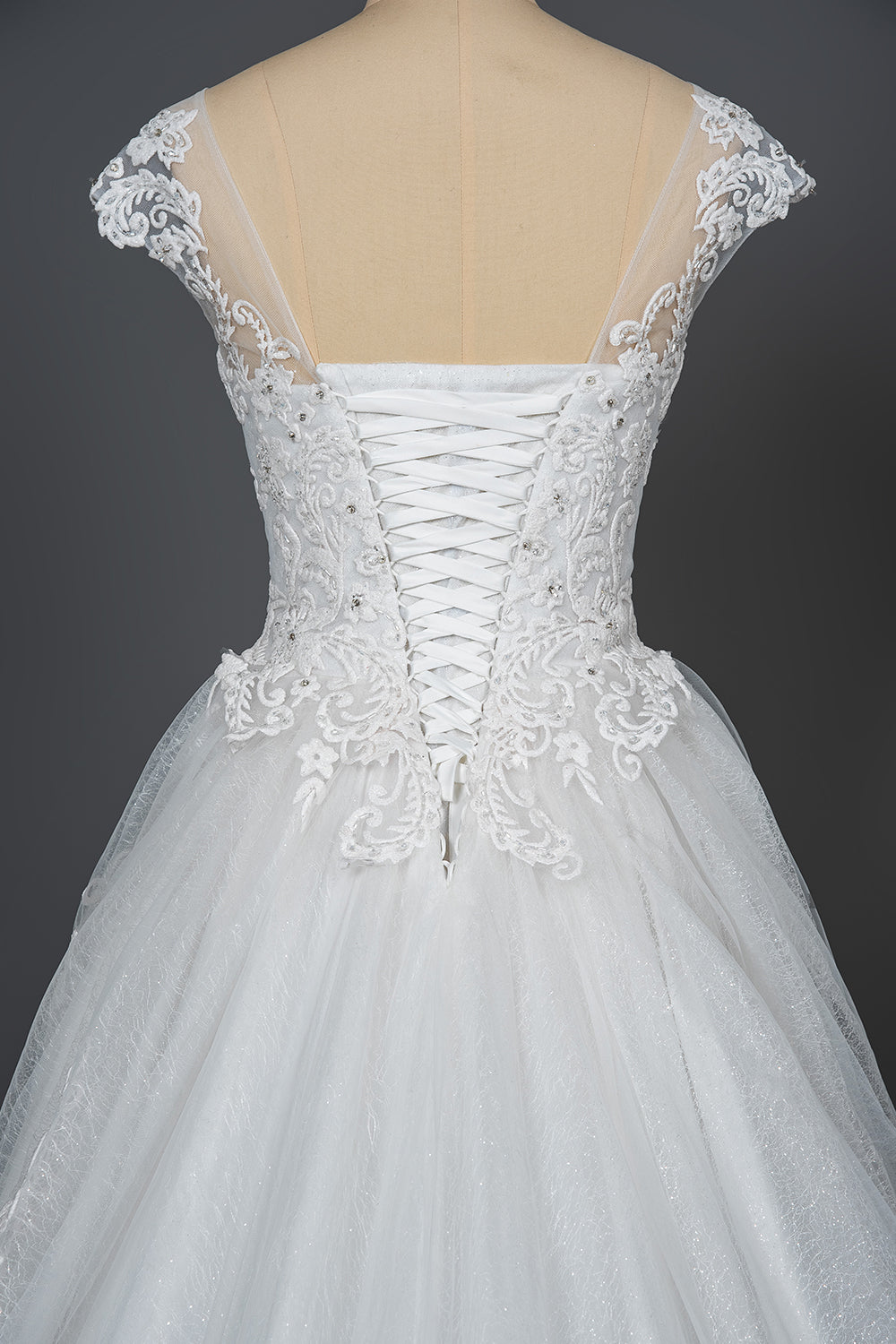 Elegant Cap Sleeve Sheer Tulle Ball Gown Wedding Dress With V-neck Lace