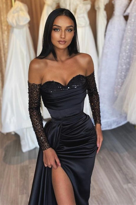 Black Prom Dress Sweetheart Short Sleeves With Slit Pleated