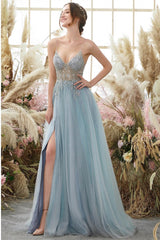 Gorgeous Dusty Blue V-Neck Spaghetti-Straps Prom Dresses Tulle Slit With Beadings