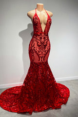 Charming Red Deep V-Neck Sleeveless Prom Dress Mermaid Sequins Long
