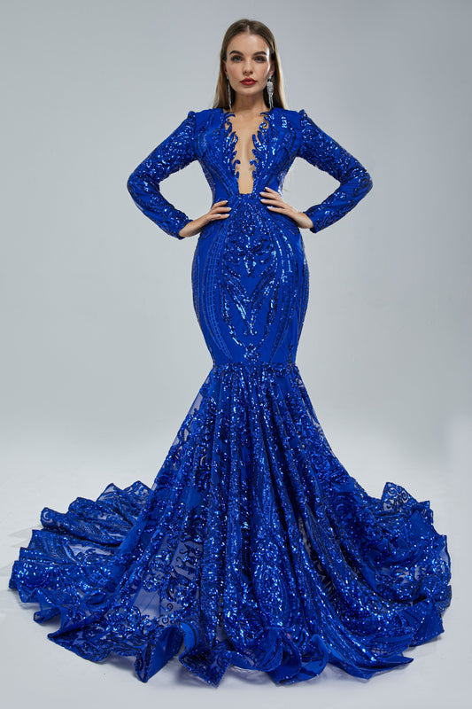 Gorgeous Royal Blue Long Sleeves Prom Dress Mermaid Sequins Online