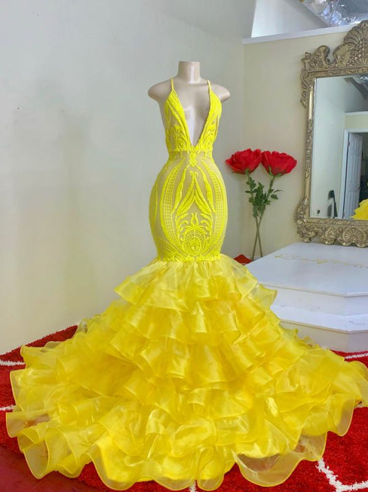 Yellow Spaghetti-Straps Mermid Prom Dress Lace with Ruffles