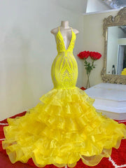 Yellow Spaghetti-Straps Mermid Prom Dress Lace with Ruffles