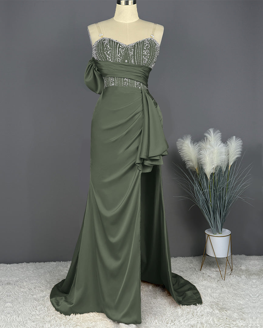 Elegant Spaghetti Straps Split Mermaid Prom Dress Long Pleated Sleeveless Evening Gown with Beading Sequins