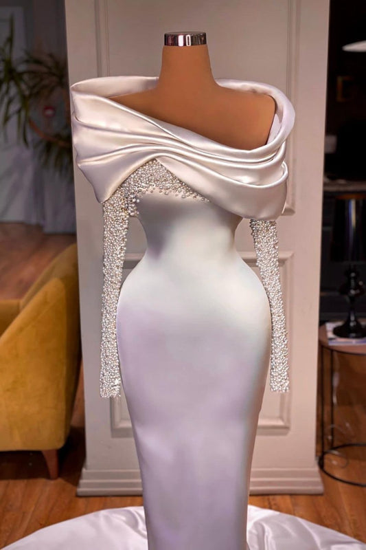 Elegant White Evening Dress Long Mermaid Sleeves With Beadings