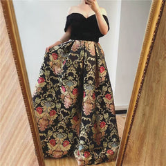 Black Off Shoulder Flowers Evening Dress Short Sleeve A line Formal Dress