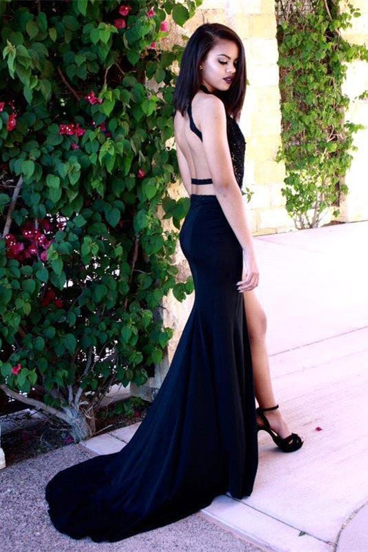 Stunning Dark Navy Sleeveless Appliques Prom Dress With Slit