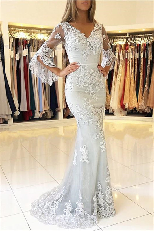 Half Sleeves Appliques Fit and Flare Prom Dresses Long