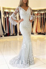 Half Sleeves Appliques Fit and Flare Prom Dresses Long