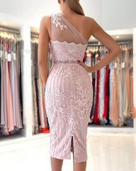 Lulluslly One Shoulder Lace Short Prom Dress With Beadings
