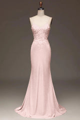 Applique Pink Spaghetti Strap Prom Dress Sleeveless Dress