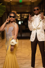 Stunning Gold Cap Sleeves Mermaid Prom Dress Long With Beadings On Sale