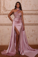 Modern High Neck One Shoulder Pink Prom Dress Mermaid Slit Ruffles With Sequins Beads