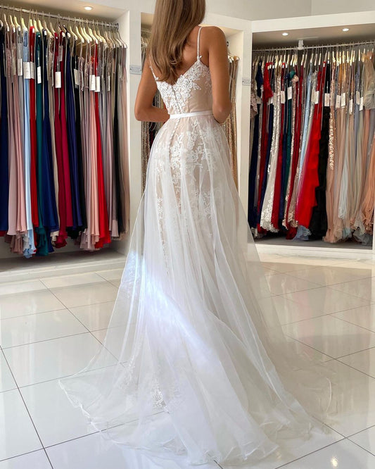 Spaghetti-Straps Mermaid Prom Dress Lace Appliques