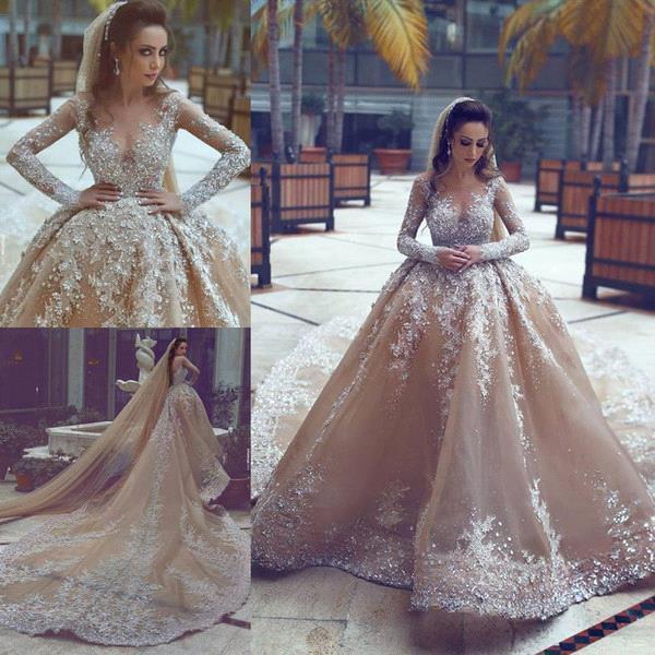 Wedding Dress with Beads and Appliques, Long Sleeve Ball Gown