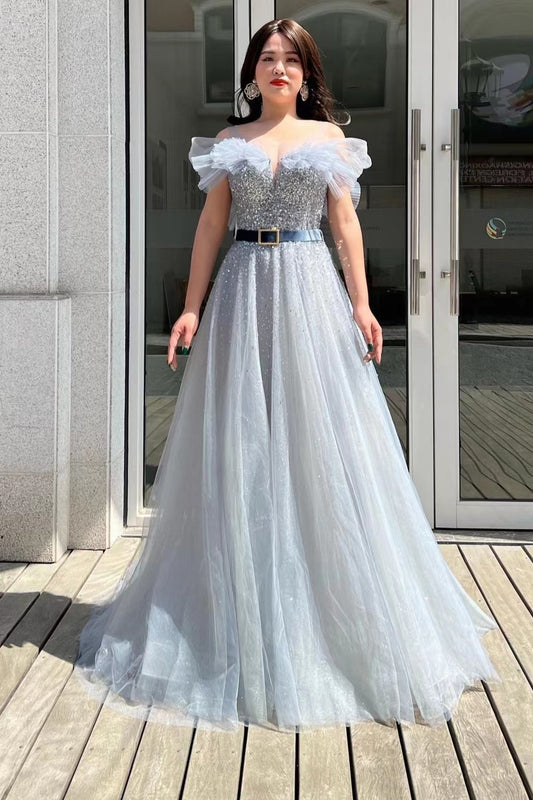 Elegant Off-the-Shoulder A-Line Sequins Tulle Prom Dress with Belt Beads
