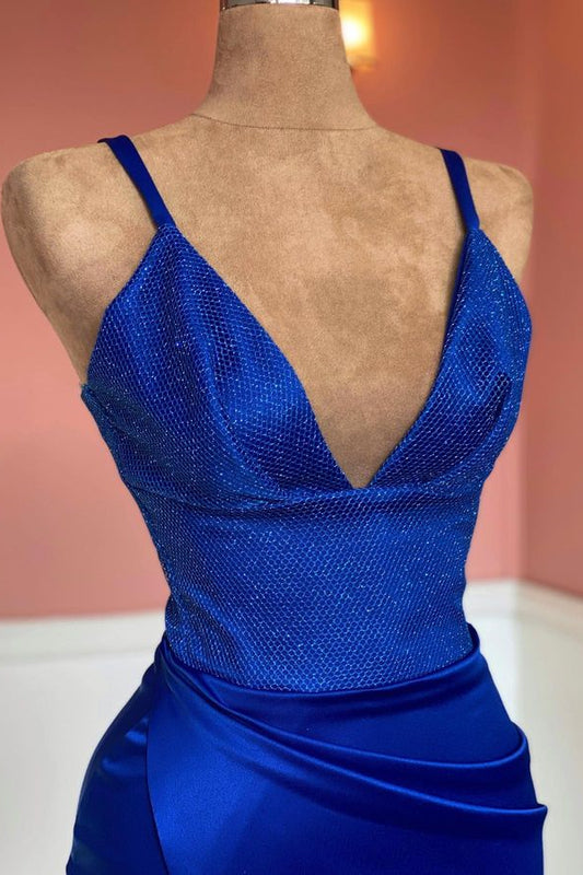 Modern Royal Blue V-Neck Mermaid Prom Dress With Split