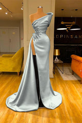  Sky Blue Long Mermaid Prom Dress Sleeveless Split with Beads